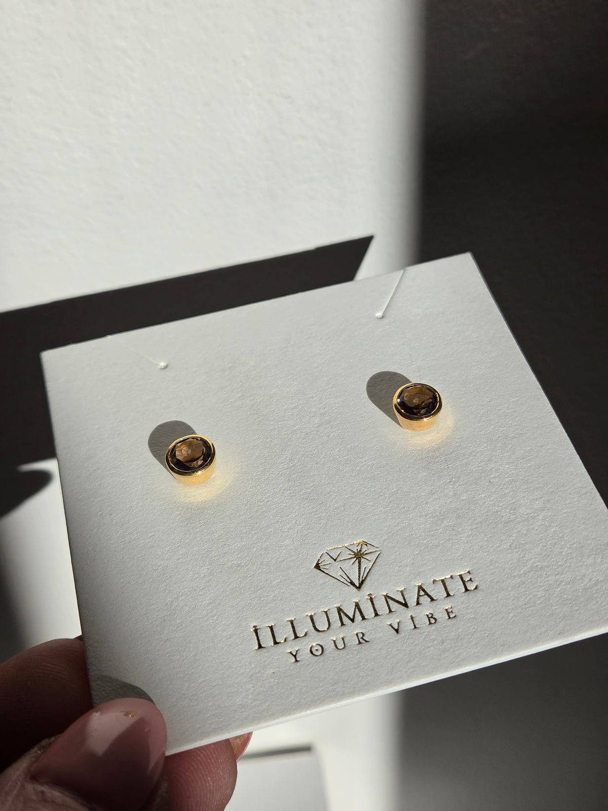 Smoky Quartz round stud Earrings | gold 006