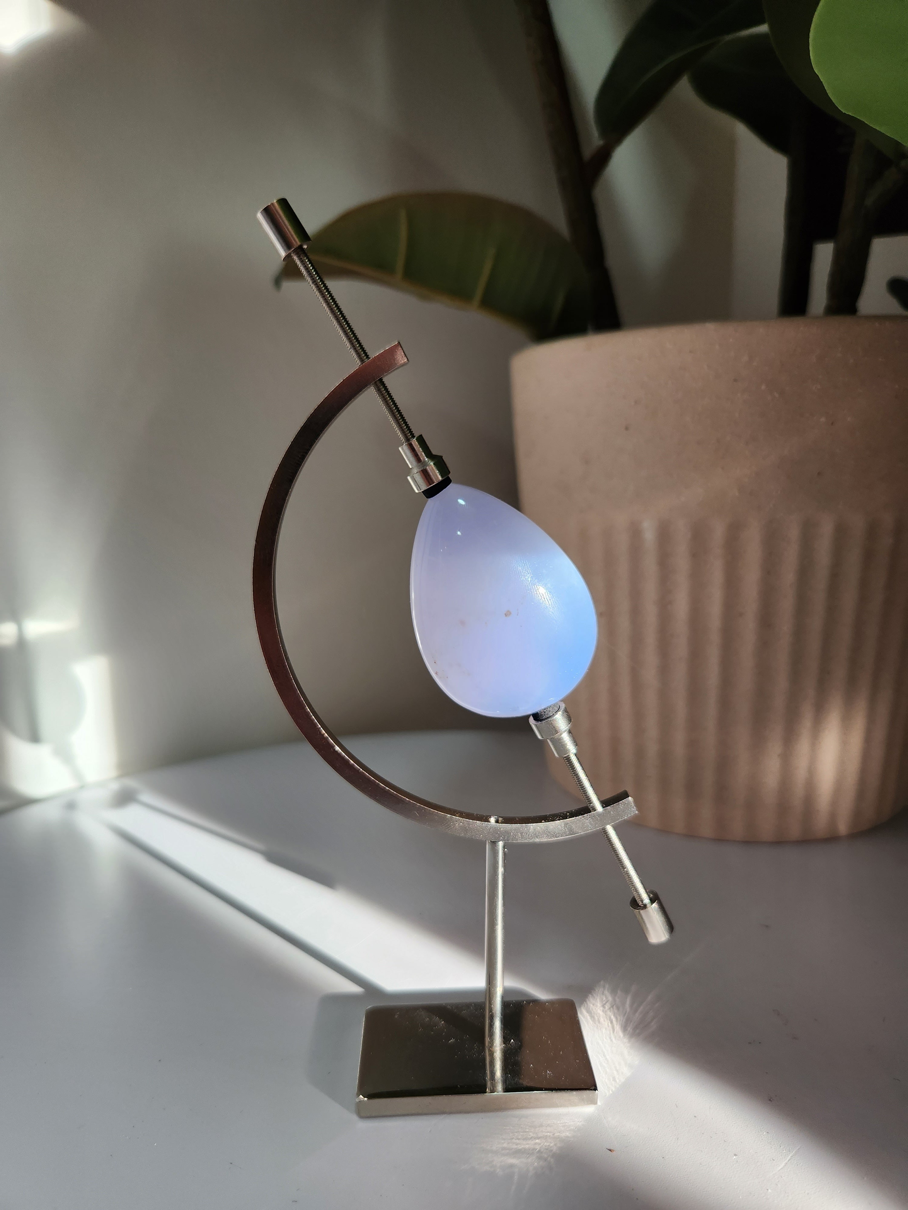 Blue Chalcedony Teardrop on Caliper Stand 004