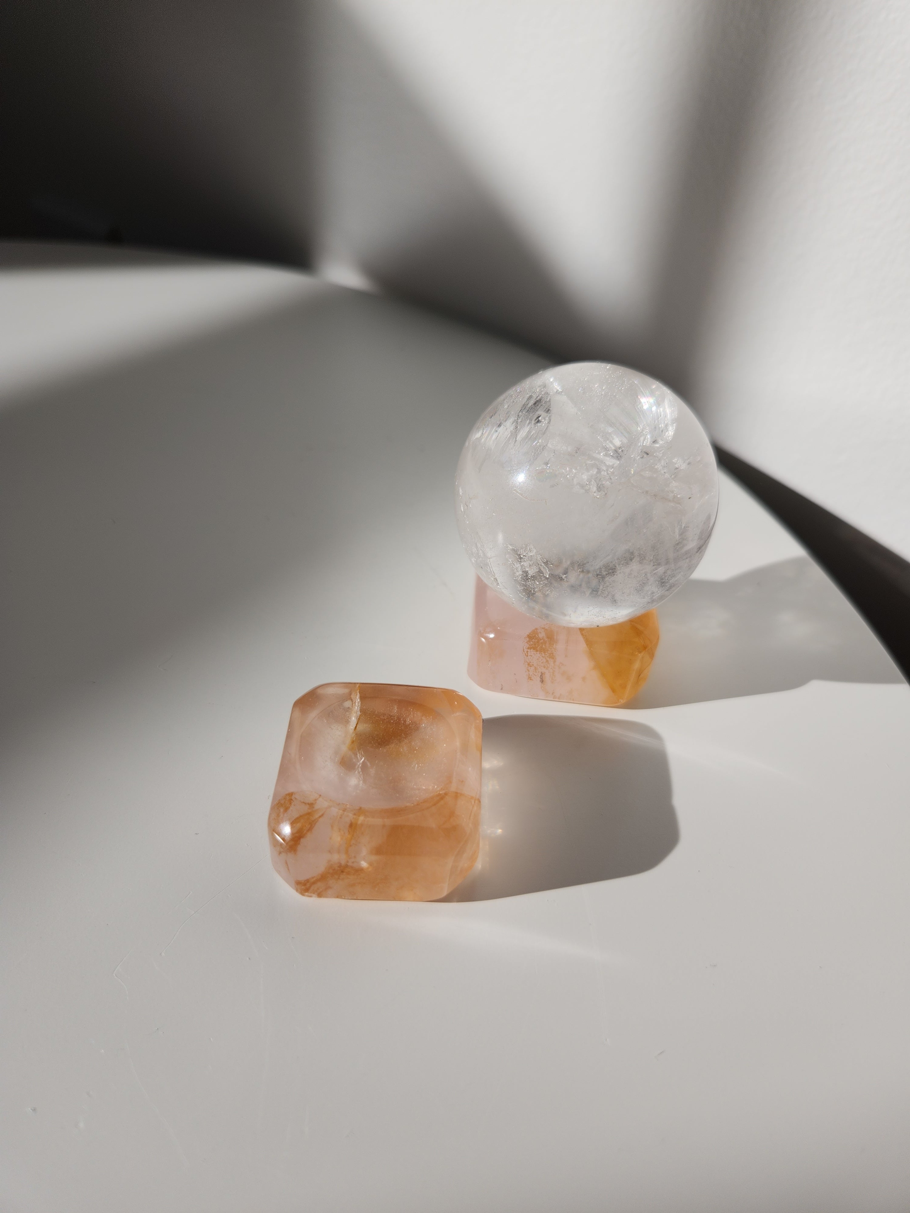 Rose Quartz with golden healer Sphere Stand