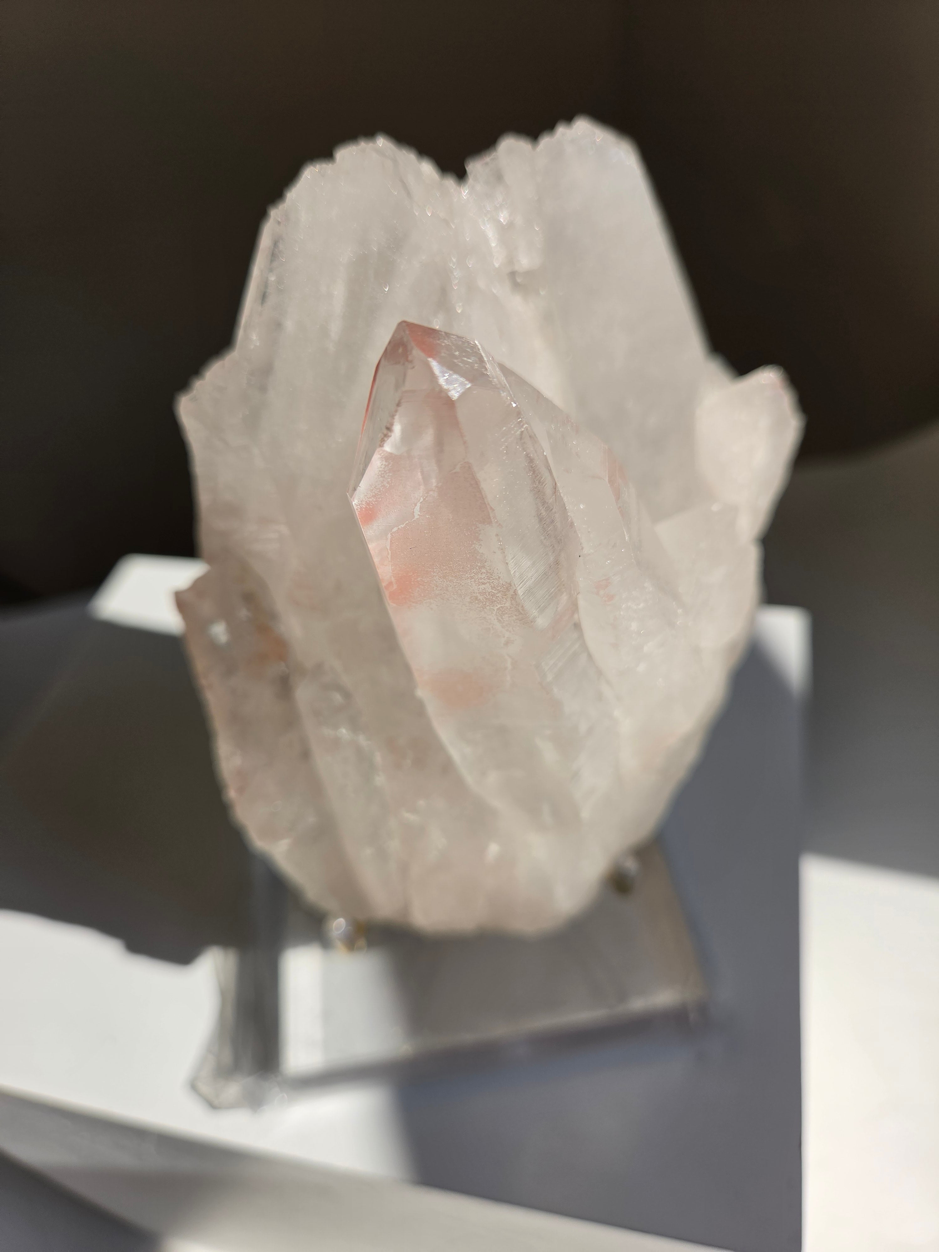 Pink Lemurian Quartz Cluster on Stand